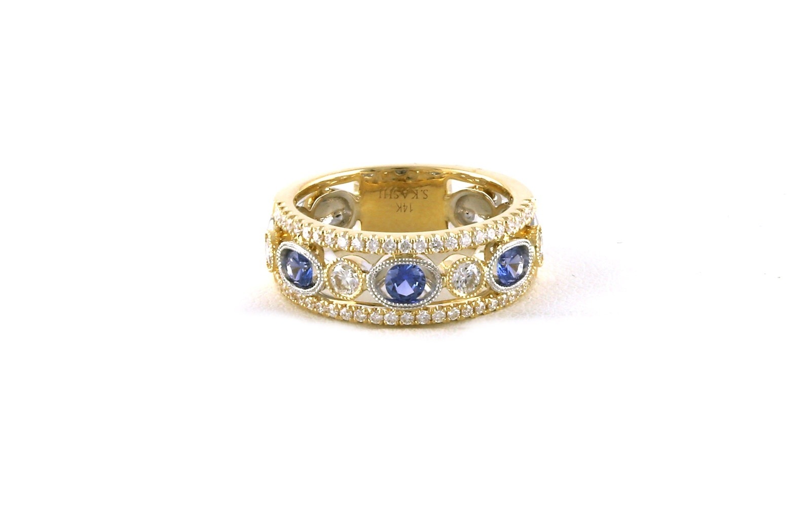 Two Tone Wide 3-Row Montana Yogo Sapphire and Diamond Ring in White and Yellow Gold (0.99cts TWT)