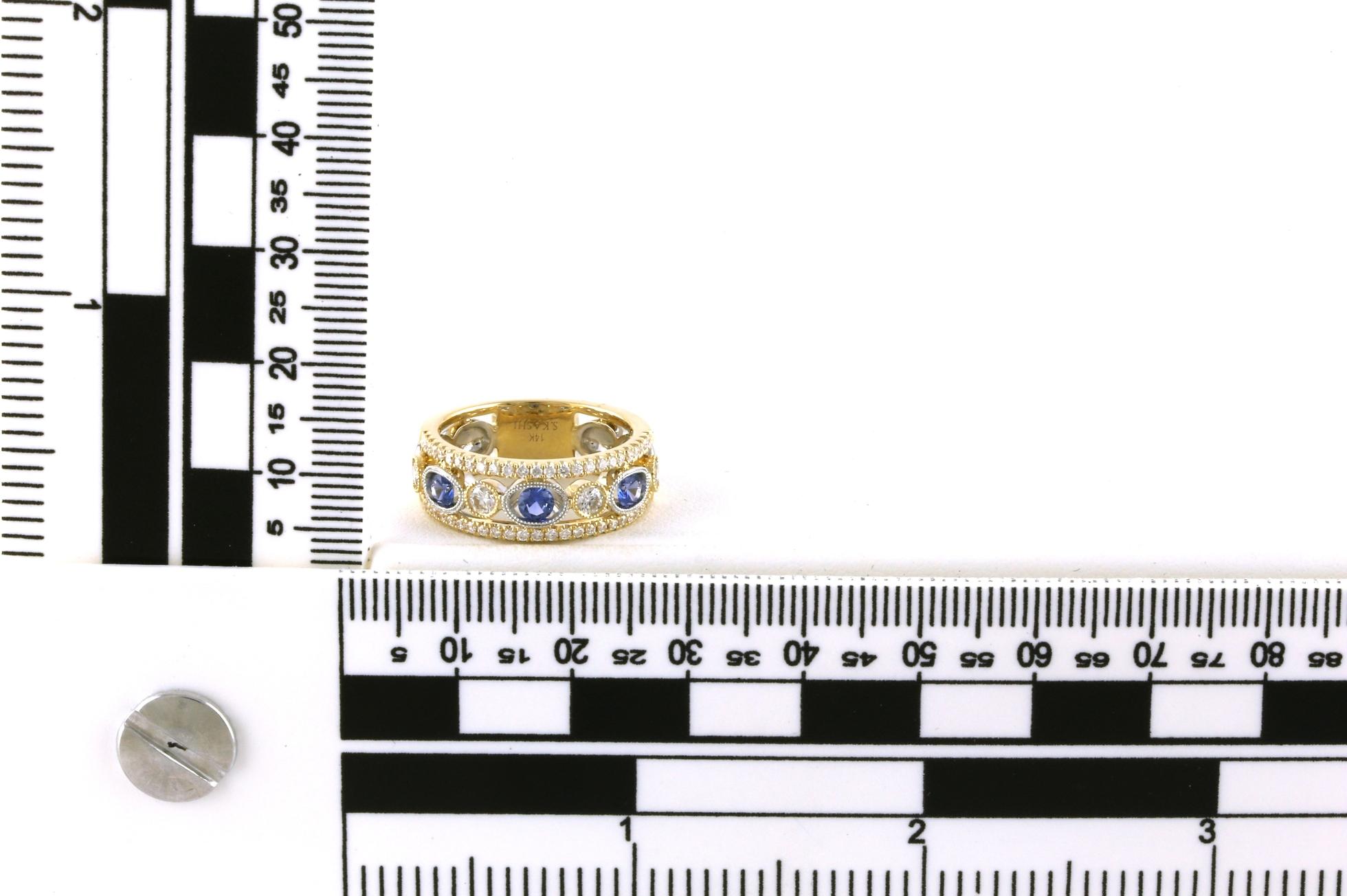Two Tone Wide 3-Row Montana Yogo Sapphire and Diamond Ring in White and Yellow Gold (0.99cts TWT)
