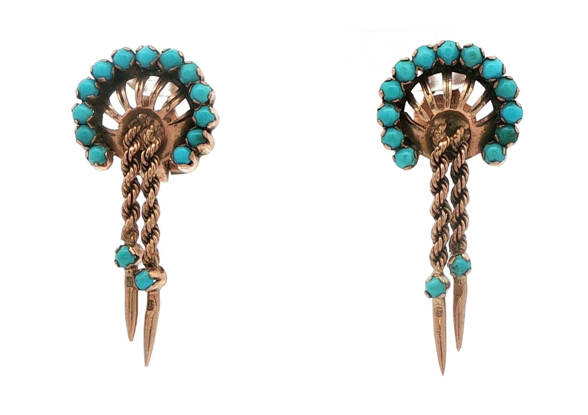 Turquoise Dangle Omega Back Earrings in Yellow Gold