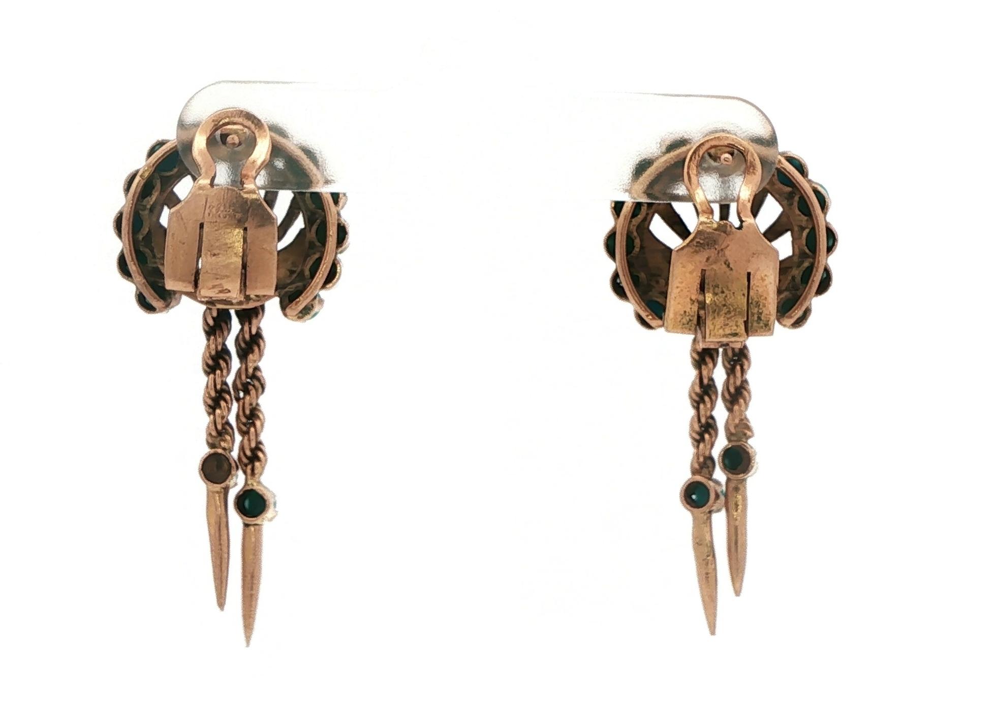 Turquoise Dangle Omega Back Earrings in Yellow Gold back