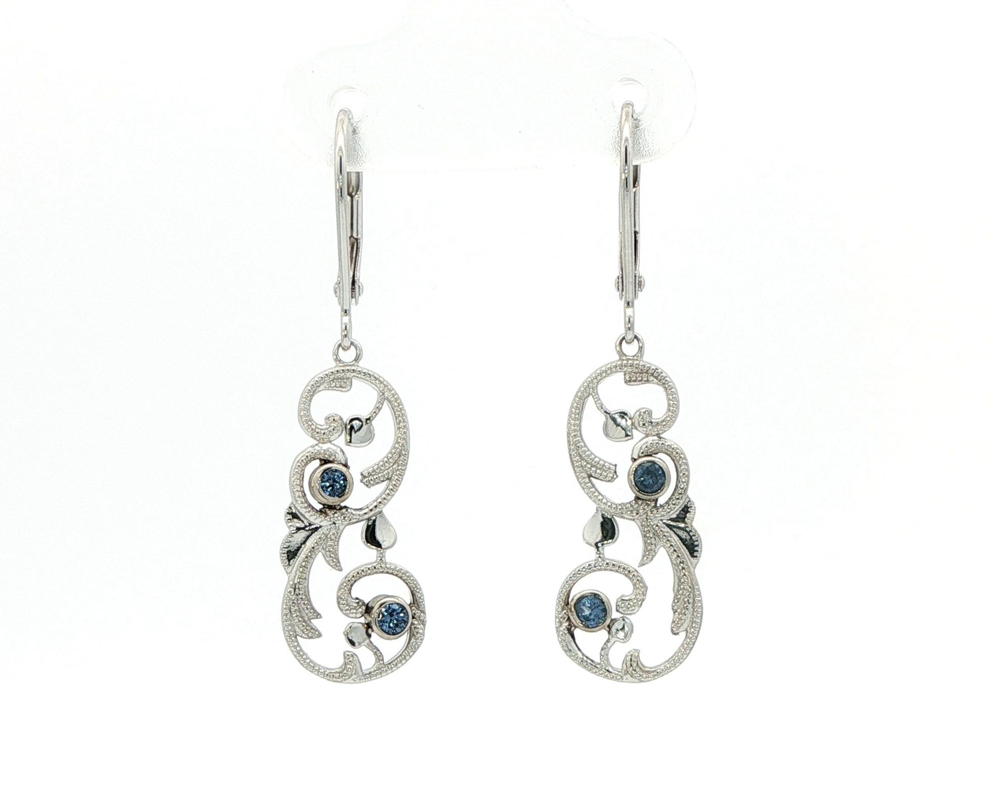 Milgrain Vintage Style Montana Yogo Sapphire Dangle Earrings in White Gold (0.18cts TWT)