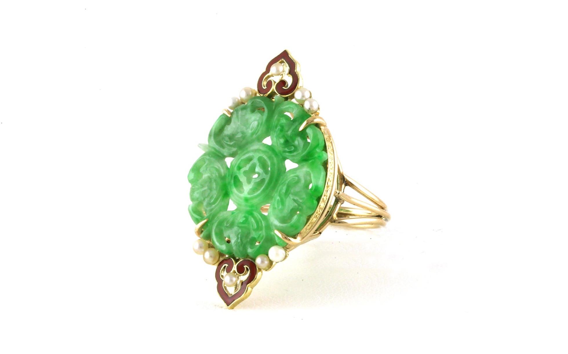 Estate Piece: Carved Jane and Pearl Ring in Yellow Gold