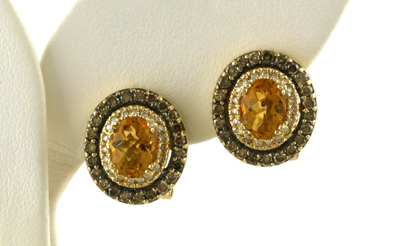 Estate Piece: Levian Citrine with Chocolate Diamond Double Halo with Omega Back Earrings in Yellow Gold (3.25cts TWT)