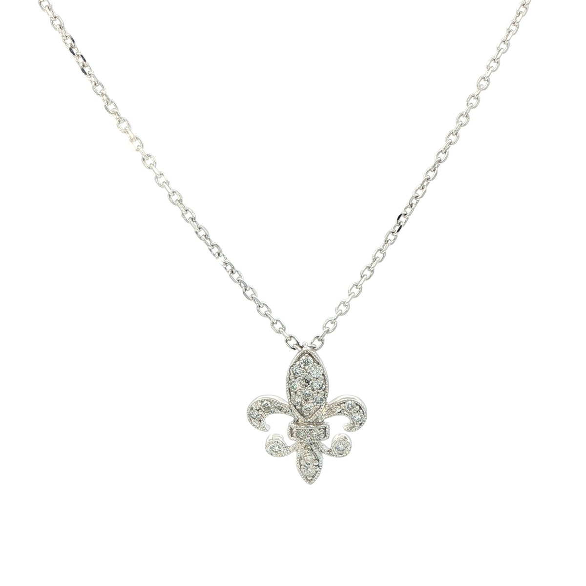 Estate Piece: Diamond Pave Fleur De Lis Necklace in White Gold (0.25cts TWT)