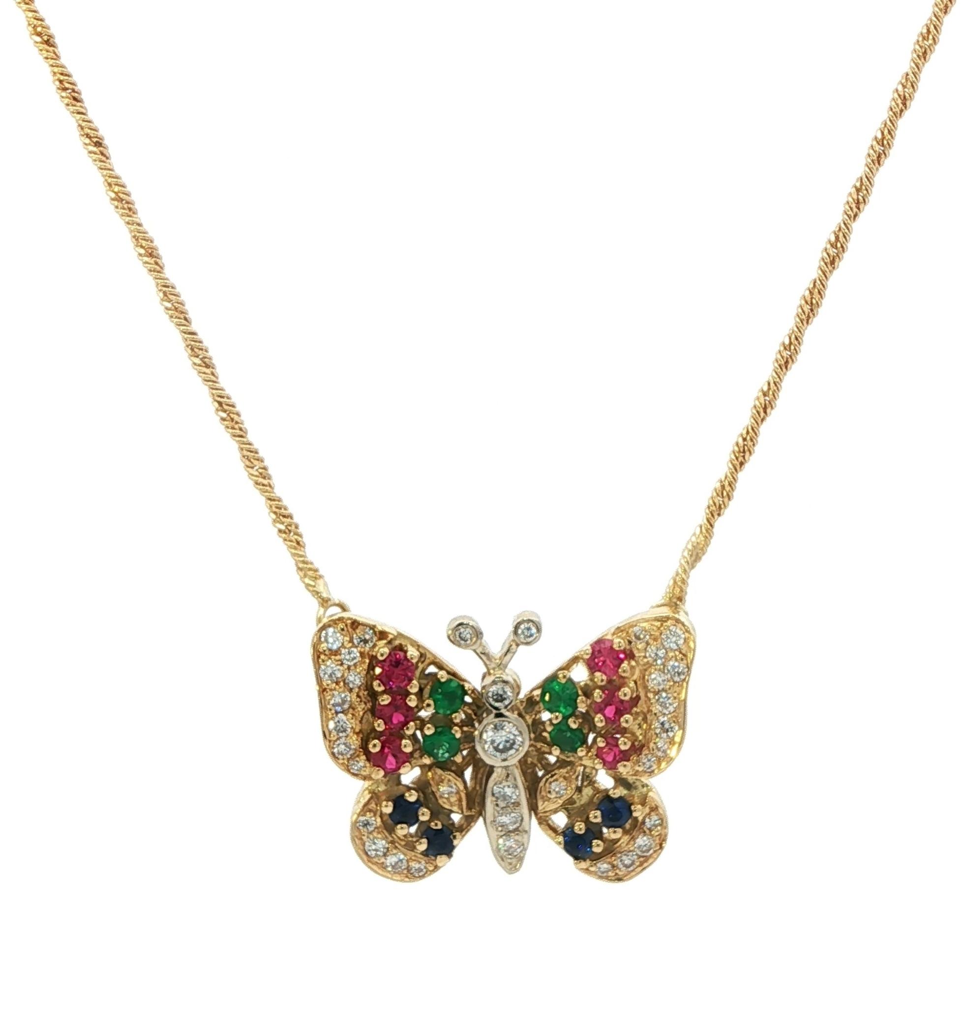 Estate Piece: Butterfly with Diamonds, Rubies, Sapphires, and Emeralds Necklace in Yellow Gold (0.48cts TWT)