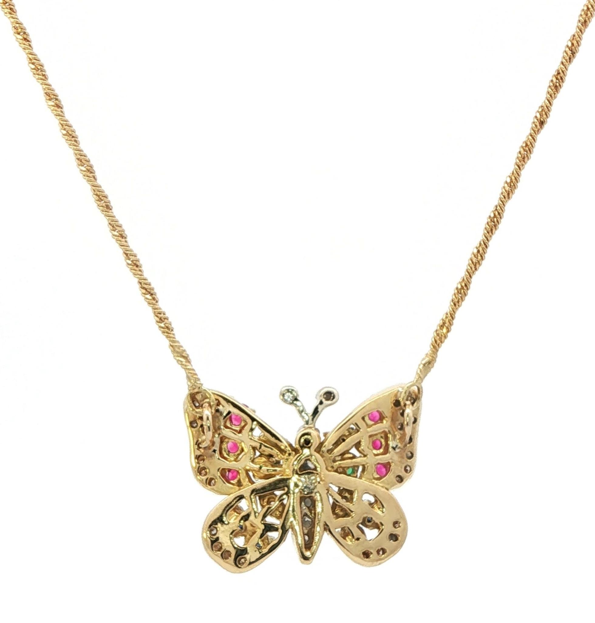 Estate Piece: Butterfly with Diamonds, Rubies, Sapphires, and Emeralds Necklace in Yellow Gold (0.48cts TWT) back