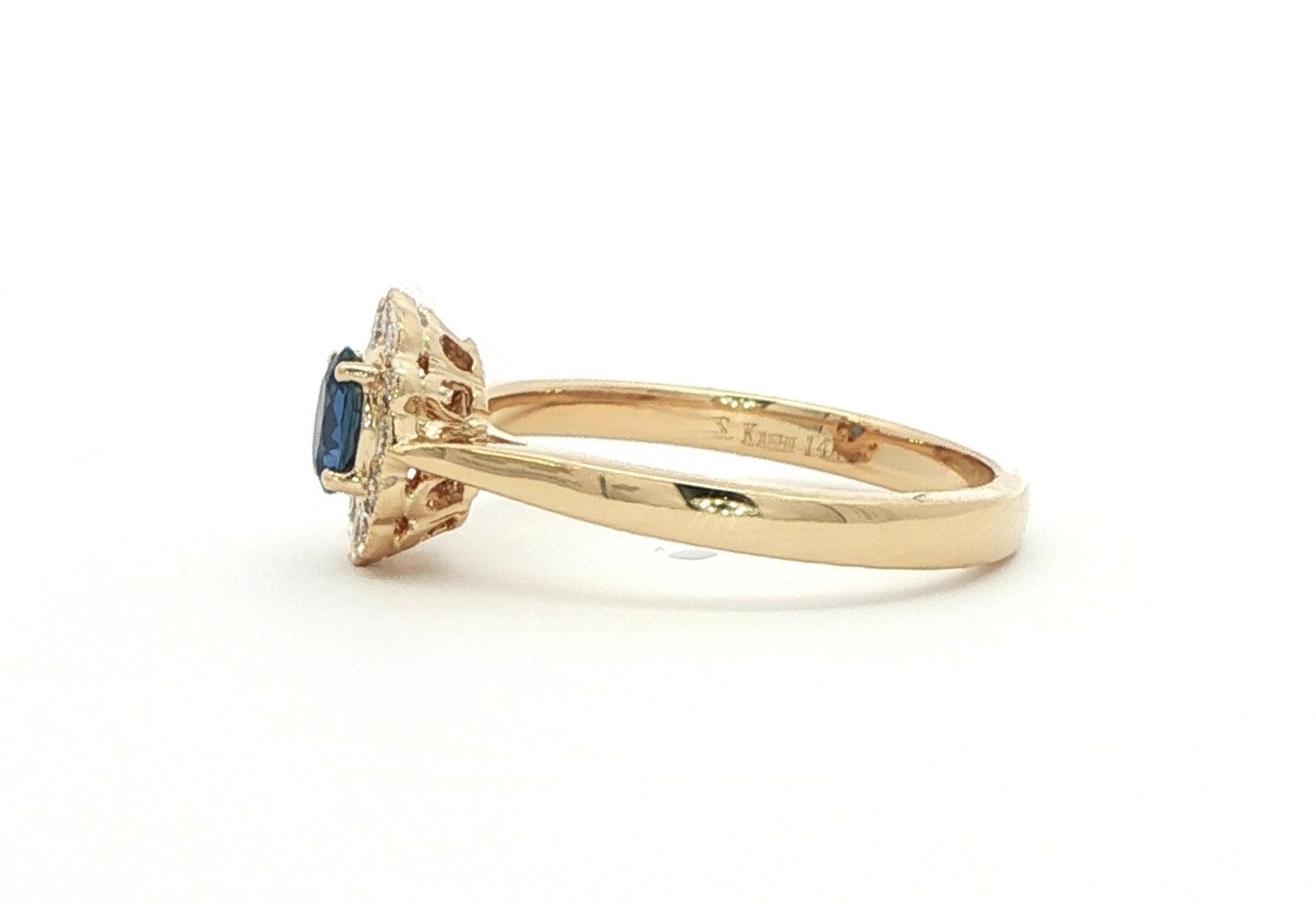 Montana Yogo Sapphire and Diamond Halo with Milgrain Ring in Yellow Gold (0.47cts TWT side