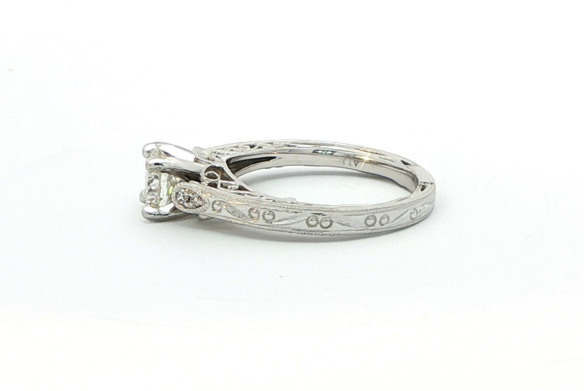 4-Prong Diamond with Hand Engraved Filigree Ring in White Gold (0.81cts TWT) side