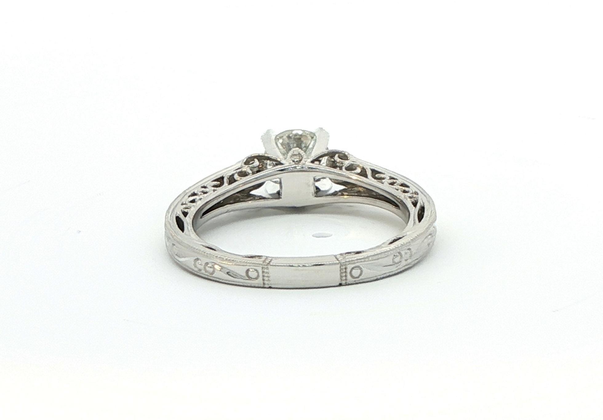 4-Prong Diamond with Hand Engraved Filigree Ring in White Gold (0.81cts TWT) back