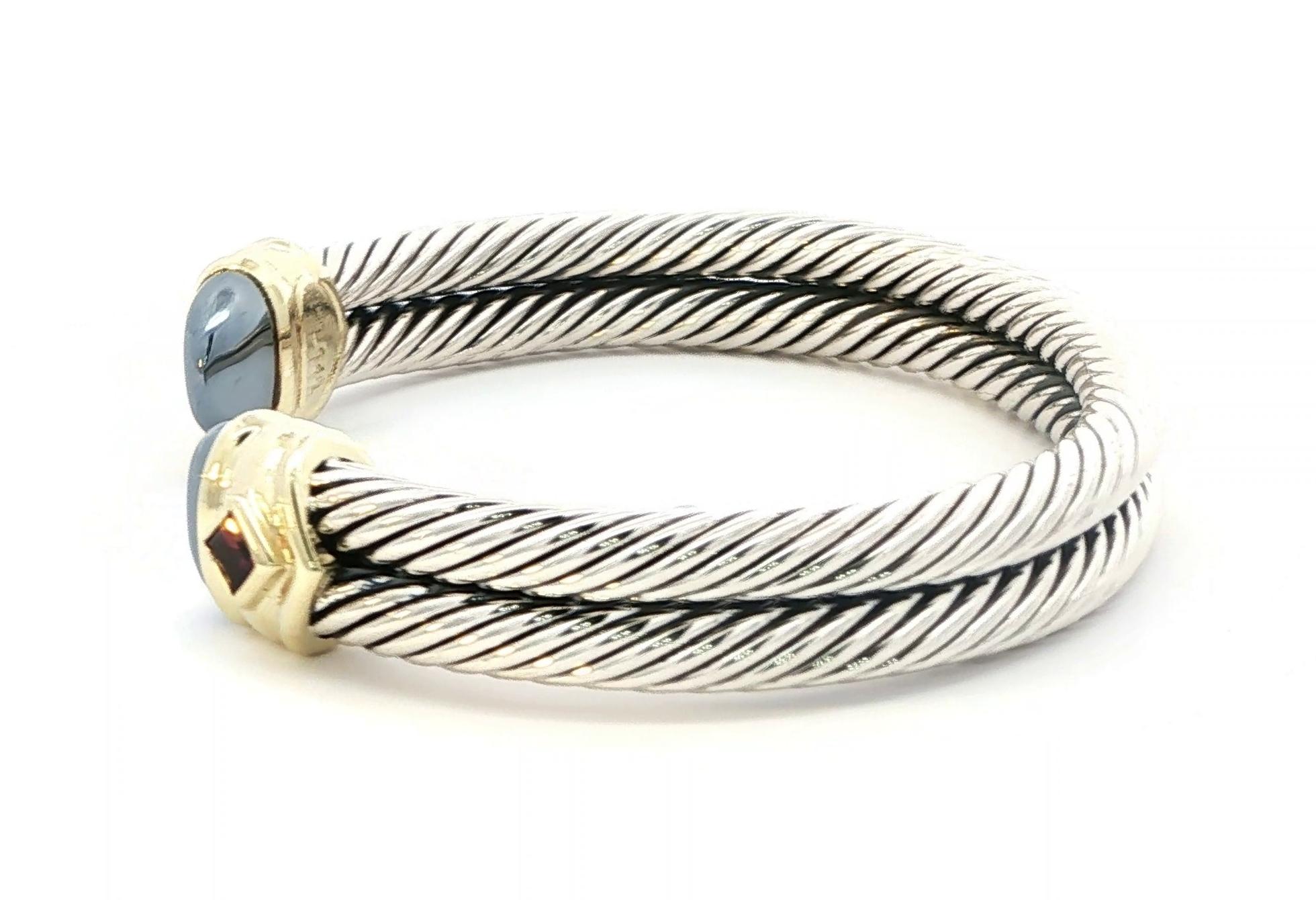 Estate Piece: David Yurman Two Tone Hematite and Garnet Cuff Bracelet in Sterling Silver and Yellow Gold side