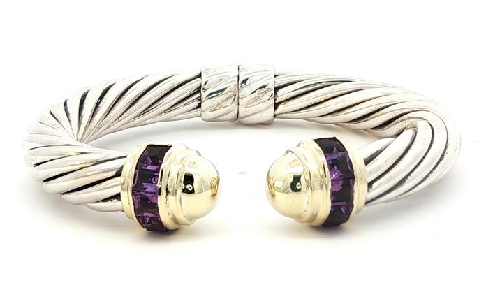 content/products/Estate Piece: David Yurman Two Tone Amethyst Hinged Cuff Bracelet in Sterling Silver and Yellow Gold