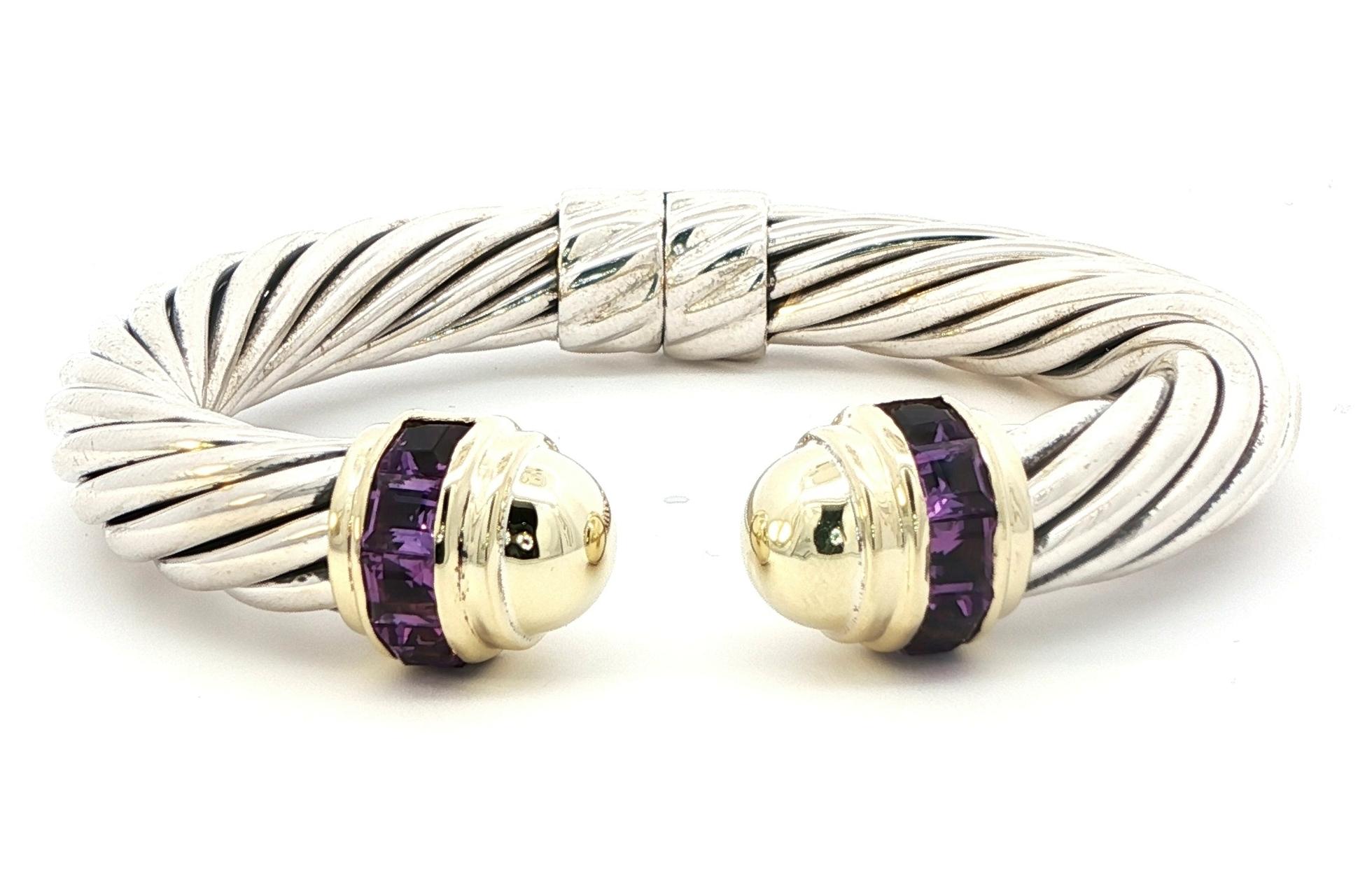 Estate Piece: David Yurman Two Tone Amethyst Hinged Cuff Bracelet in Sterling Silver and Yellow Gold