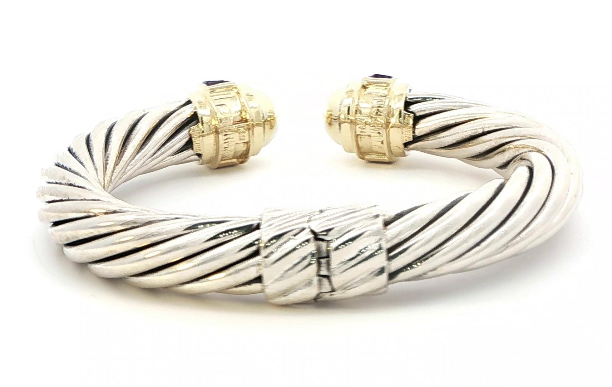 Estate Piece: David Yurman Two Tone Amethyst Hinged Cuff Bracelet in Sterling Silver and Yellow Gold back