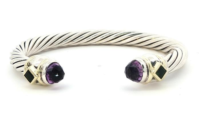 content/products/Estate Piece: David Yurman Two Tone Amethyst and Tourmaline Cuff Bracelet in Sterling Silver and Yellow Gold