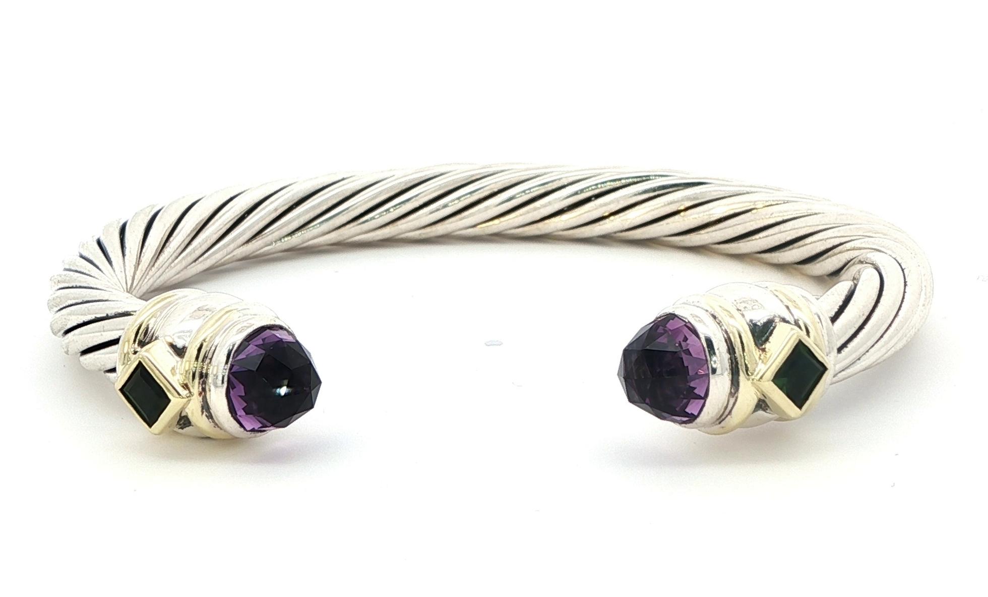 Estate Piece: David Yurman Two Tone Amethyst and Tourmaline Cuff Bracelet in Sterling Silver and Yellow Gold