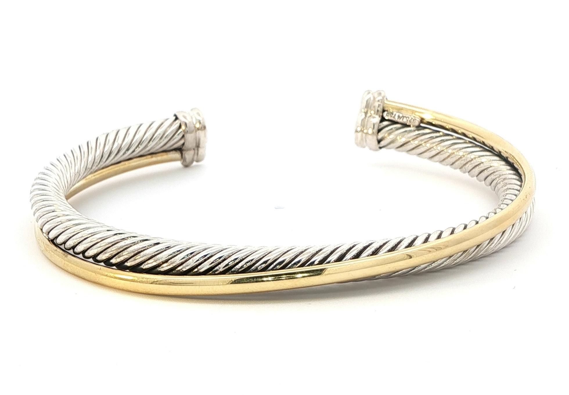 Estate Piece: David Yurman Two Tone Cross-Over Cuff Bracelet in Sterling Silver and Yellow Gold