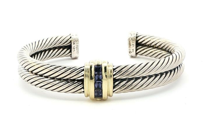 content/products/Estate Piece: David Yurman Two Tone 2-Row Amethyst Cuff Bracelet in Sterling Silver and Yellow Gold