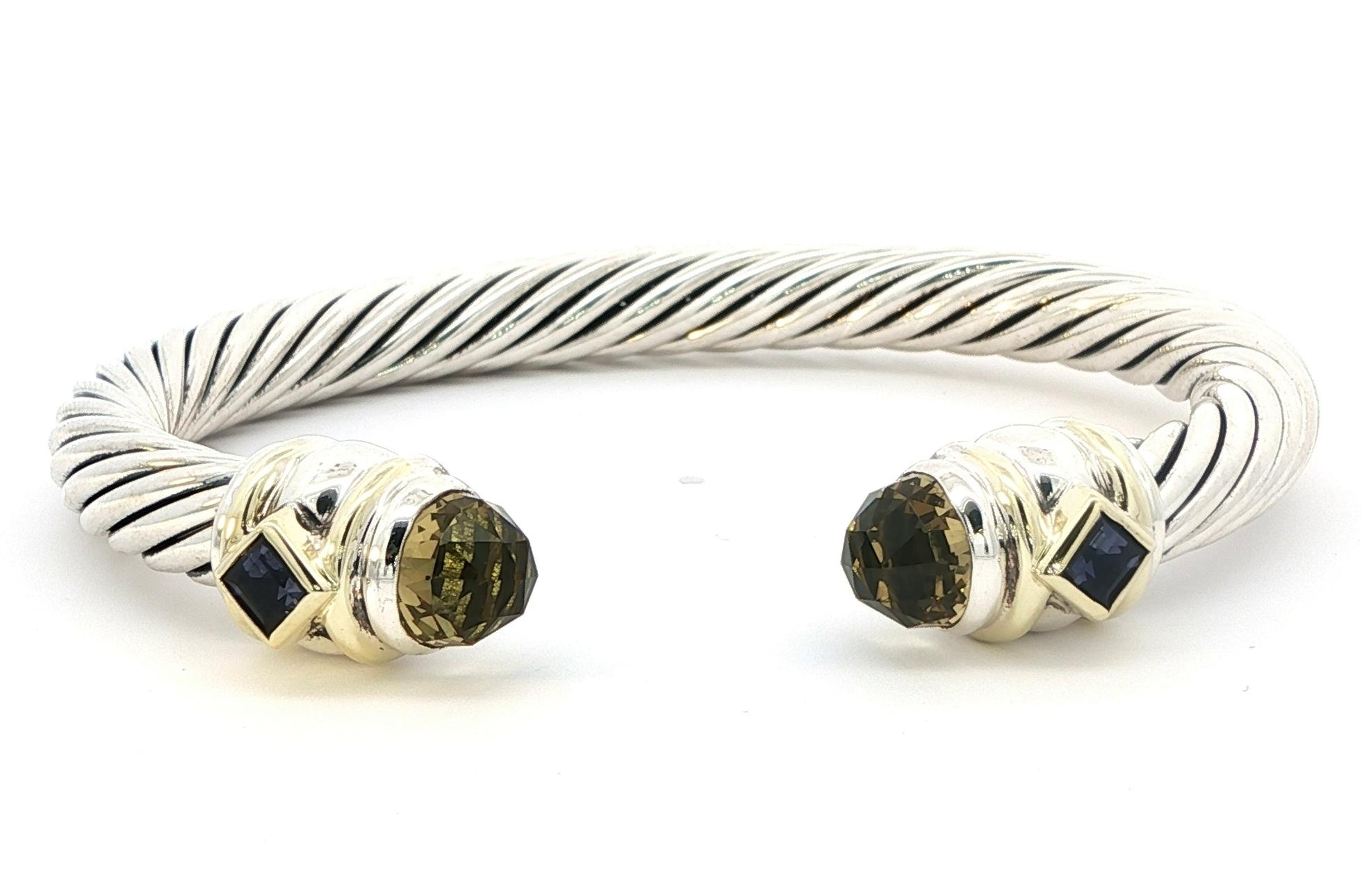 Estate Piece: David Yurman Citrine and Amethyst Rope Cuff Bracelet in Sterling Silver and Yellow Gold