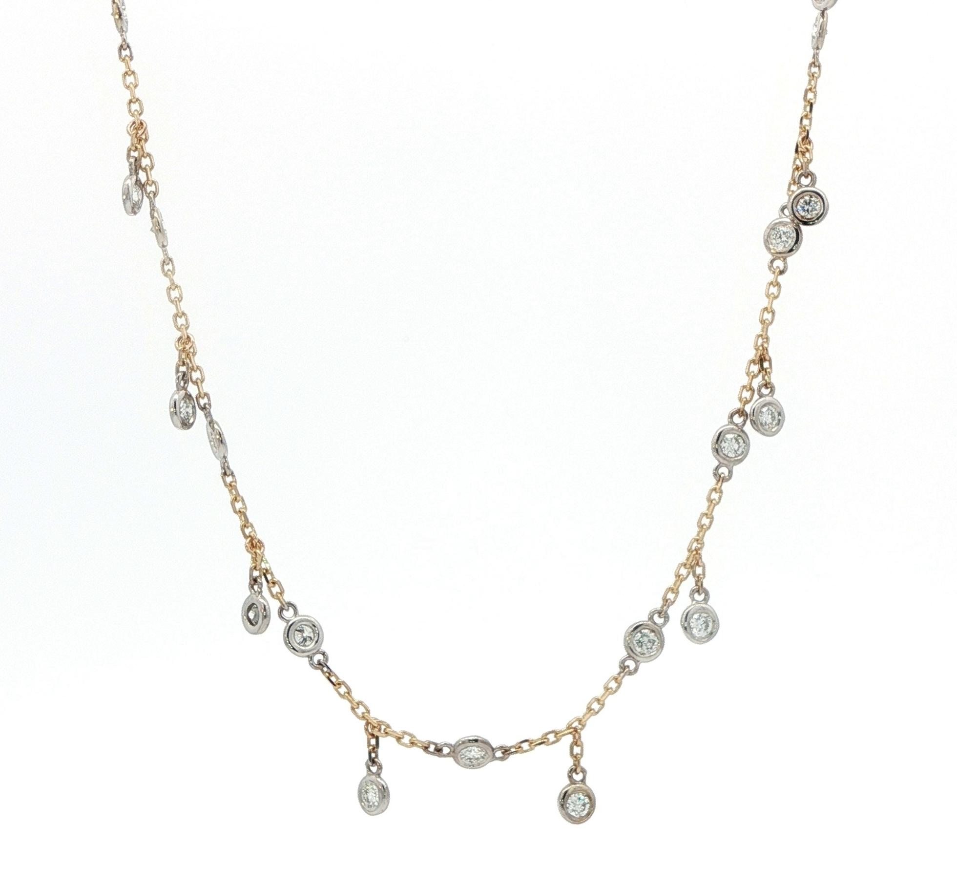 Two Tone Alternating Drop and Integrated Diamond Station Necklace in Yellow And White Gold (0.71cts TWT)