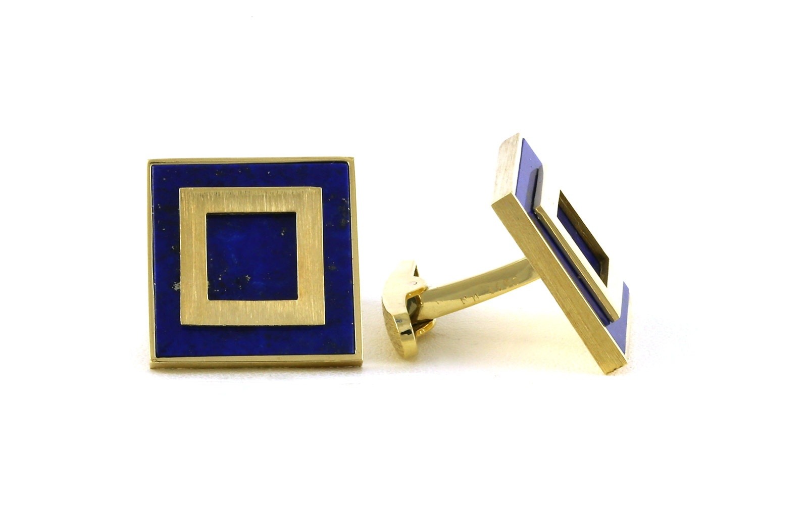 Estate Piece: Blue Lapis and Satin Square Pattern Cuff Links in Yellow Gold