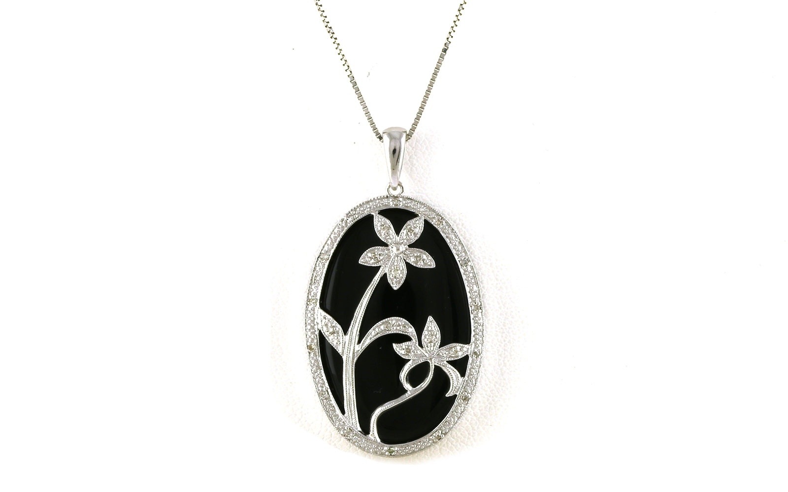 Estate Piece: Flower Decal Onyx and Diamond Halo Style Necklace in White Gold (0.15cts TWT)