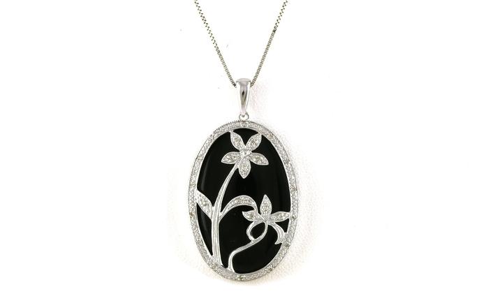 content/products/Estate Piece: Flower Decal Onyx and Diamond Halo Style Necklace in White Gold (0.15cts TWT)
