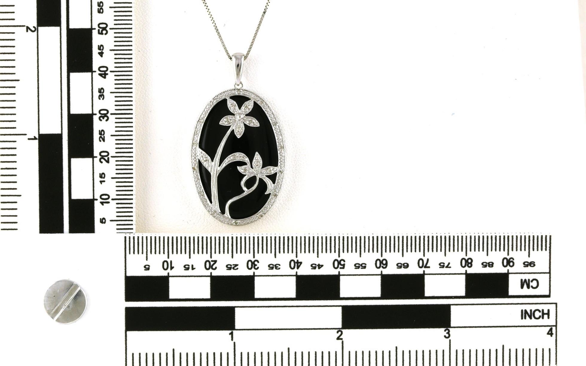Estate Piece: Flower Decal Onyx and Diamond Halo Style Necklace in White Gold (0.15cts TWT) scale