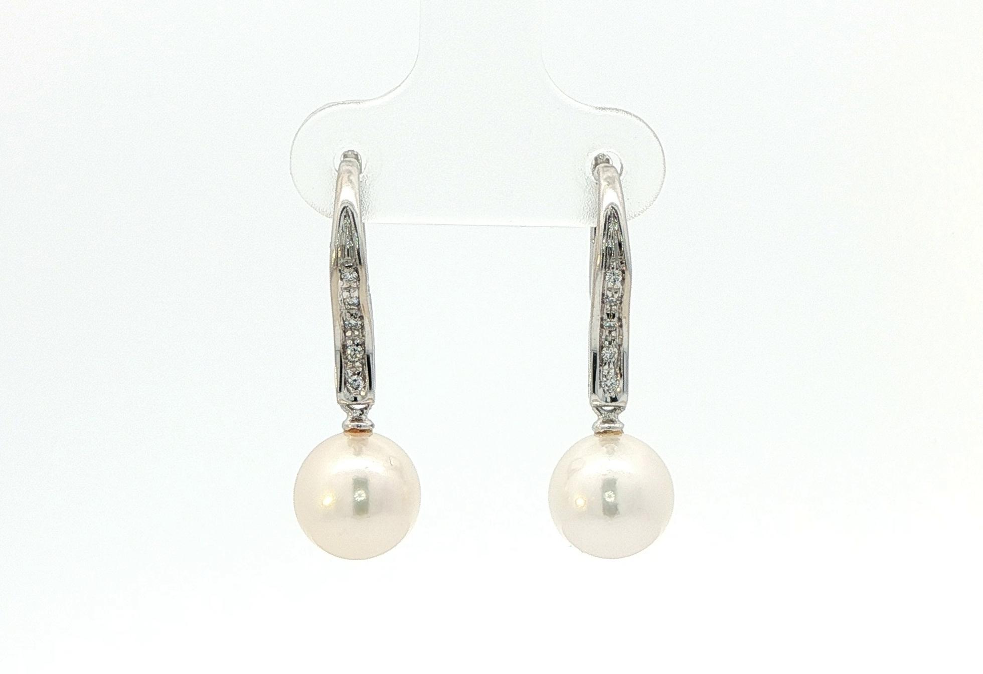 Estate Piece: Salviani Pearl and Diamond Leverback Earrings in White Gold (0.10cts TWT)