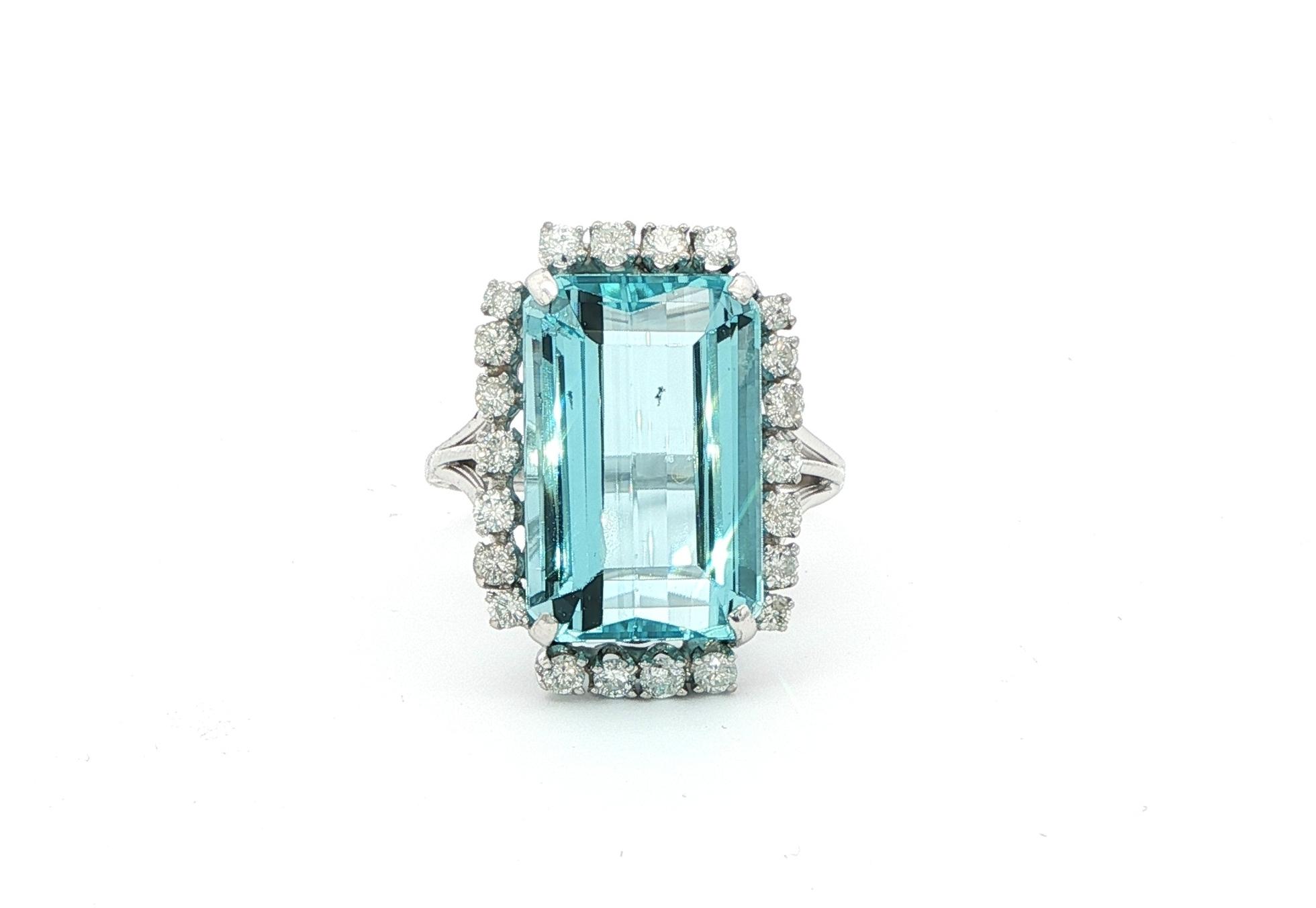 Estate Piece: Aquamarine and Diamond Halo Ring in White Gold (15.50cts TWT)