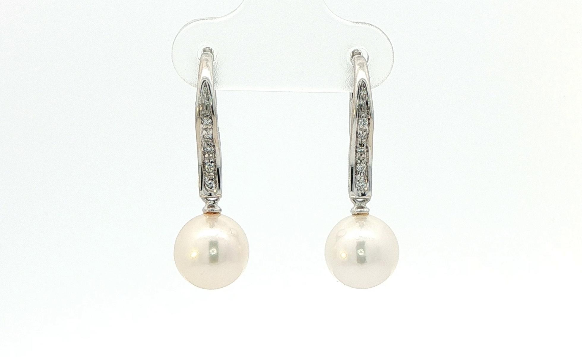 Estate Piece: Salviani Pearl and Diamond Leverback Earrings in White Gold (0.10cts TWT)