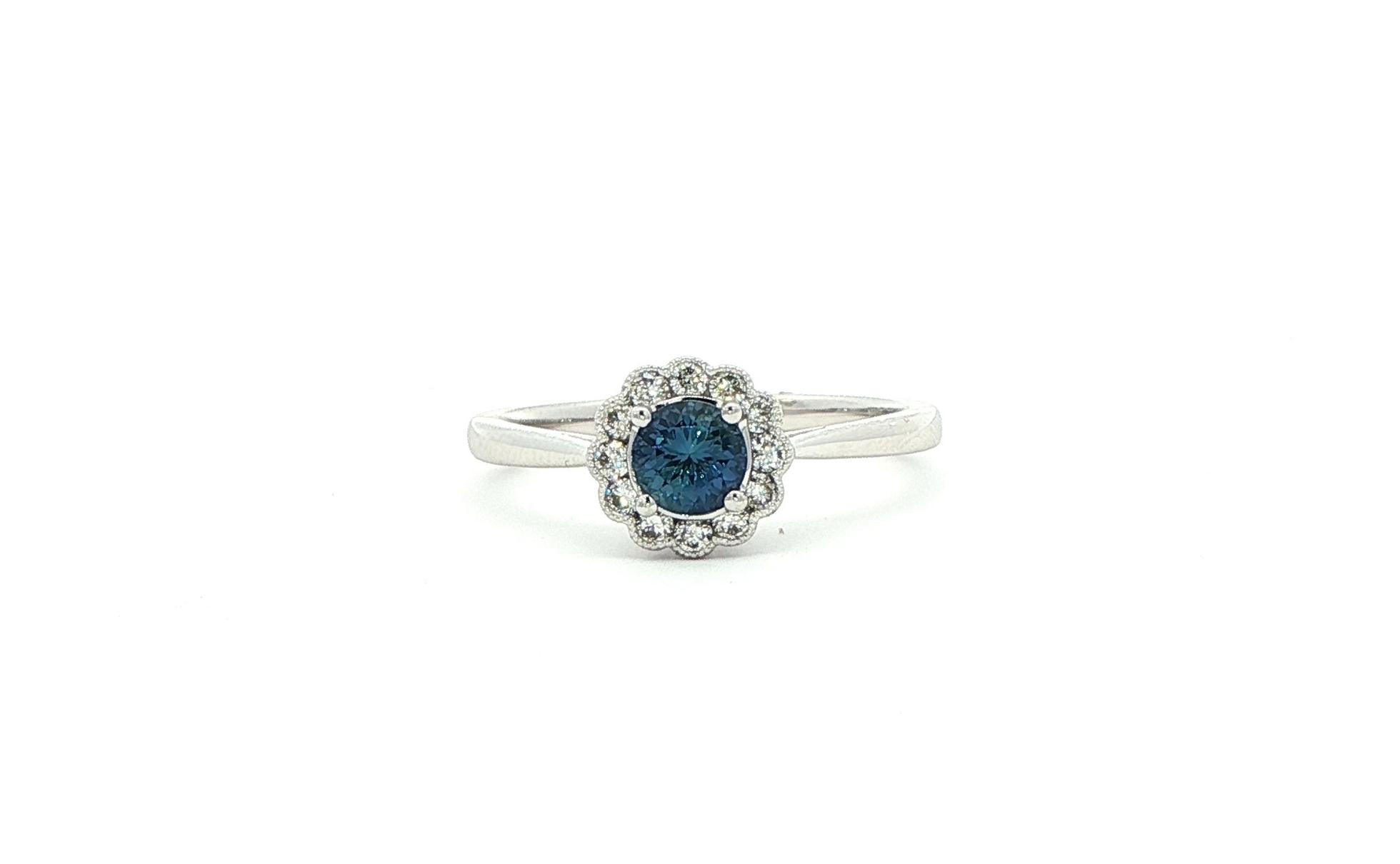 Montana Yogo Sapphire and Diamond Halo with Milgrain Ring in White Gold (0.57cts TWT)