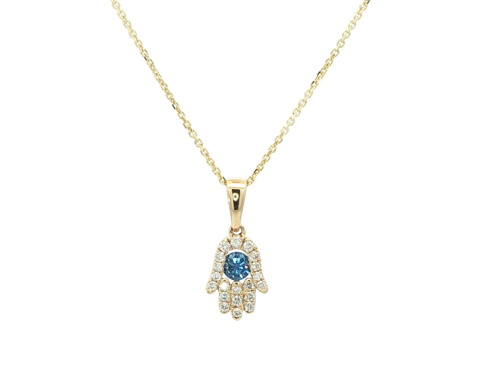 Montana Yogo Sapphire and Diamond Pave Hamsa Necklace in Yellow Gold (0.27cts TWT)