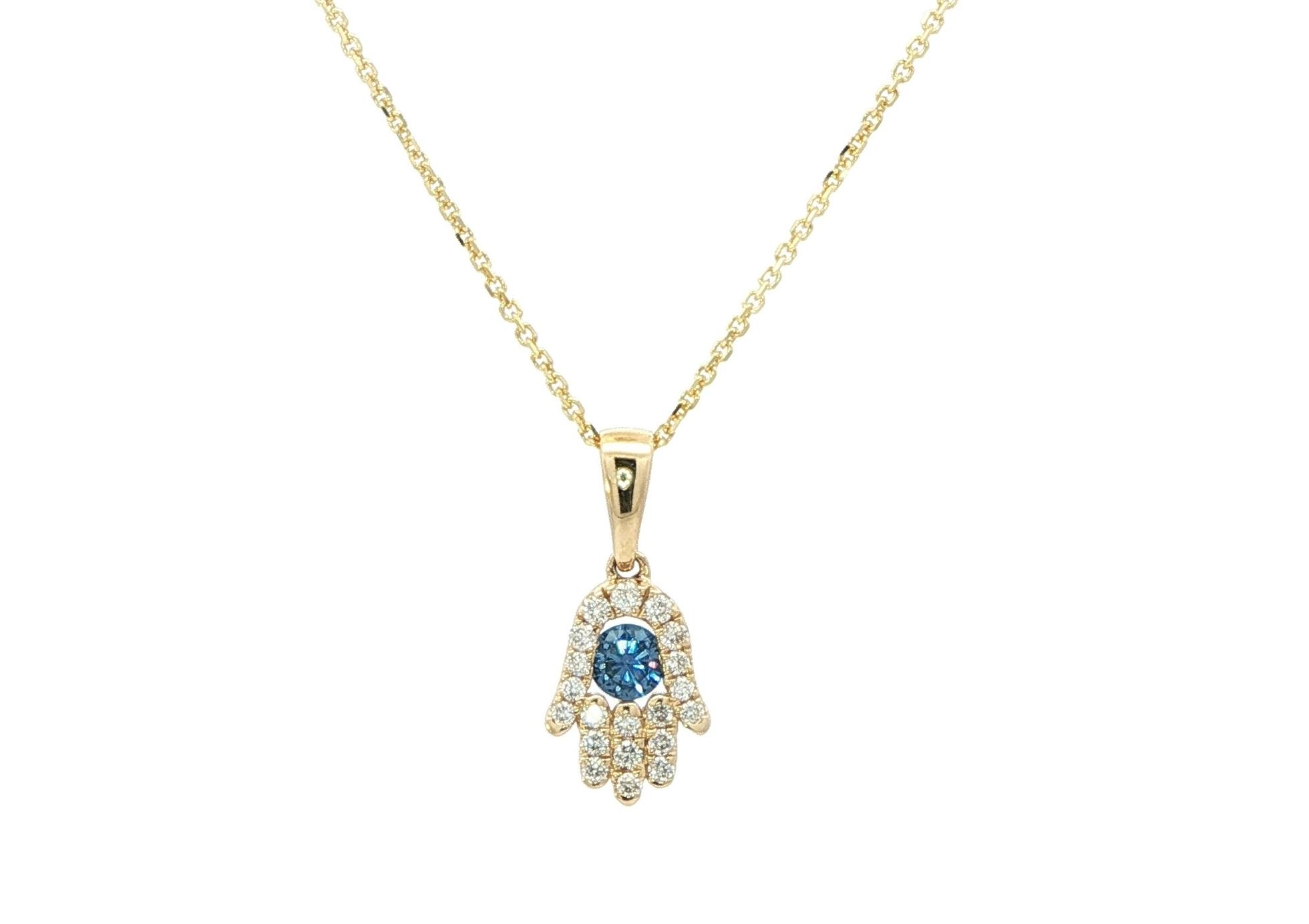Montana Yogo Sapphire and Diamond Pave Hamsa Necklace in Yellow Gold (0.27cts TWT)