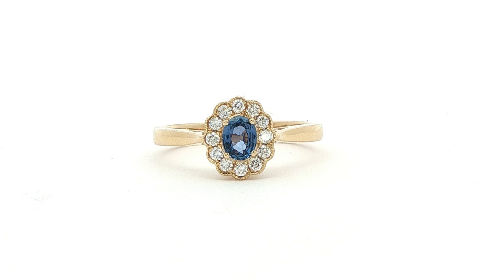 Montana Yogo Sapphire and Diamond Halo with Milgrain Ring in Yellow Gold (0.47cts TWT