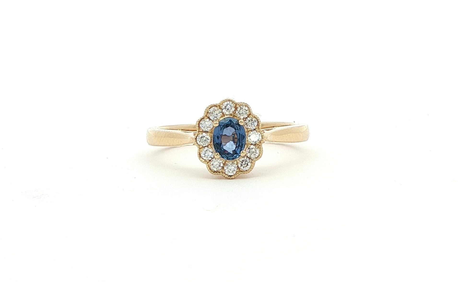Montana Yogo Sapphire and Diamond Halo with Milgrain Ring in Yellow Gold (0.47cts TWT