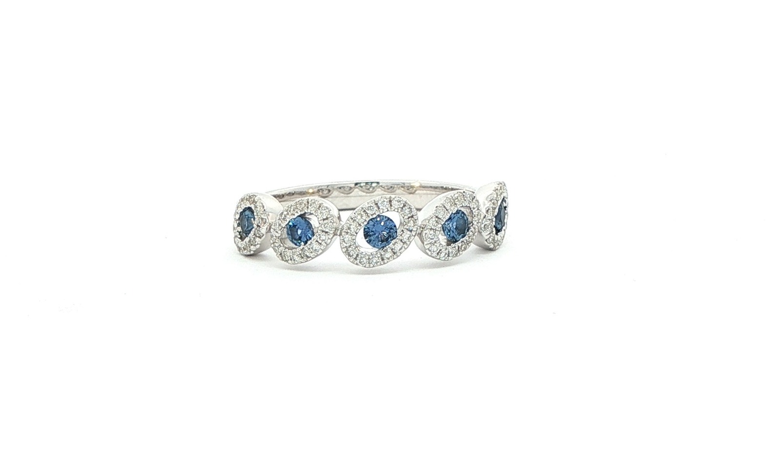5-Stone Tilter Oval Montana Yogo Sapphire and Diamond Halo Ring in White Gold (0.65cts TWT)