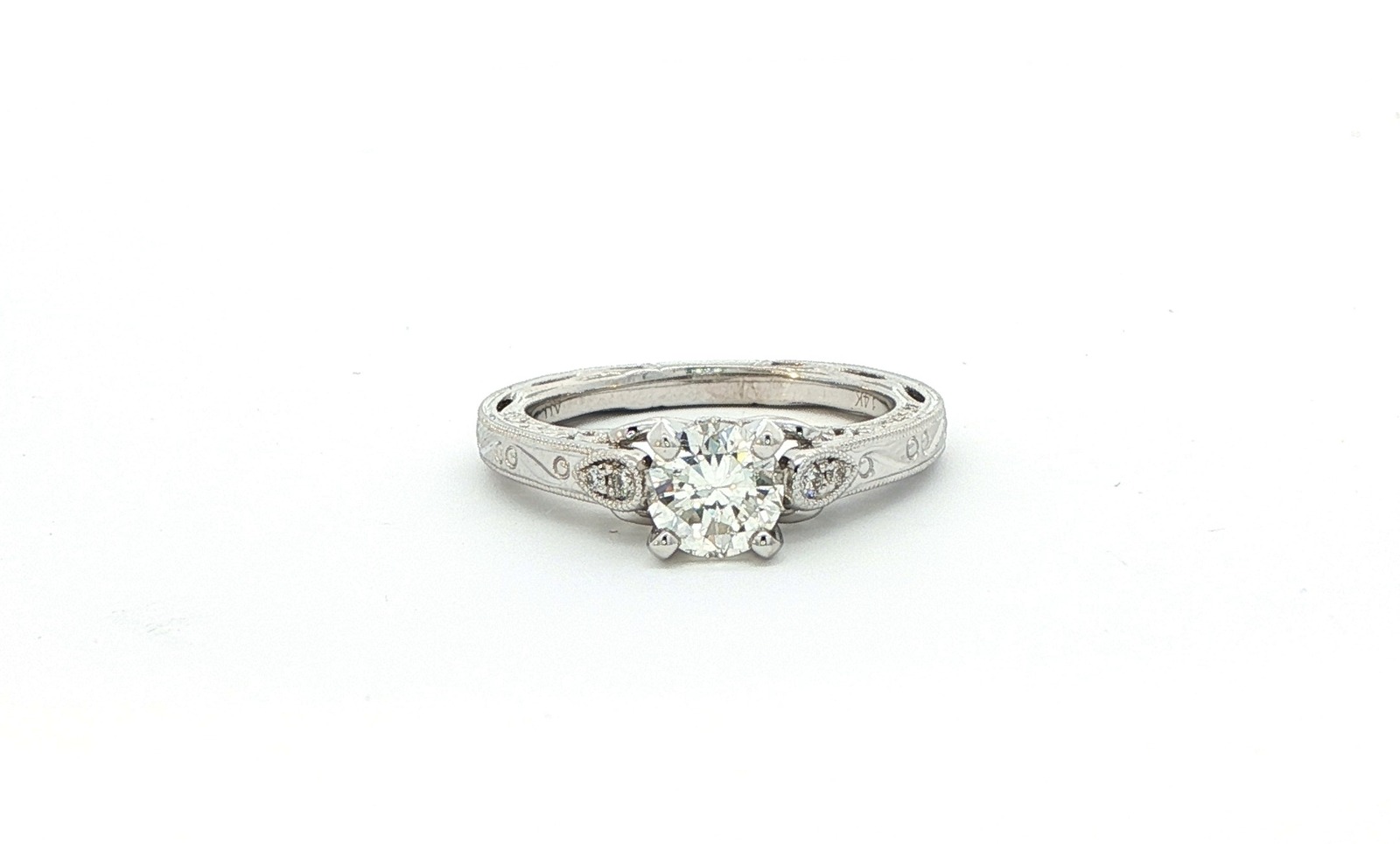 4-Prong Diamond with Hand Engraved Filigree Ring in White Gold (0.81cts TWT)