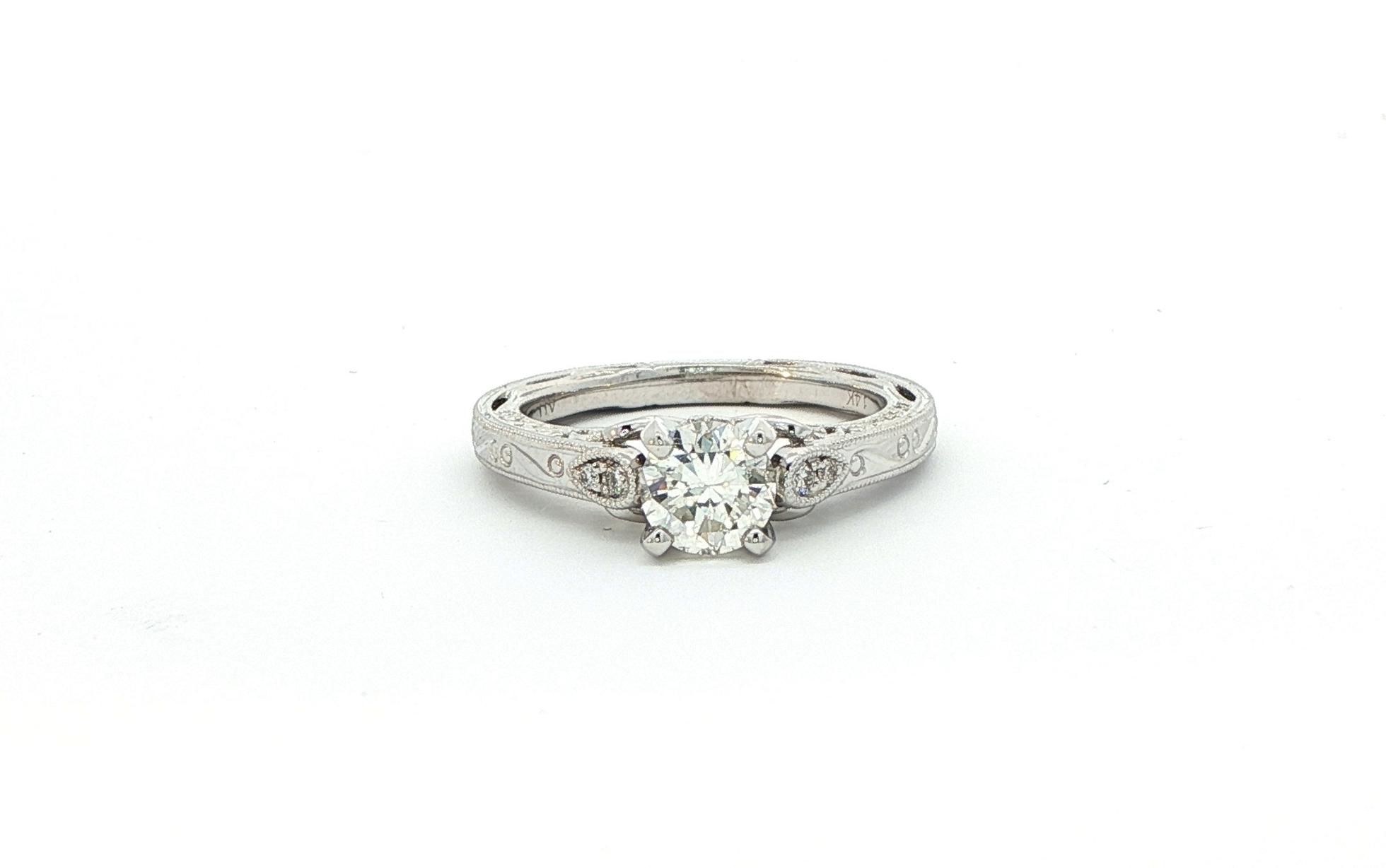 4-Prong Diamond with Hand Engraved Filigree Ring in White Gold (0.81cts TWT)