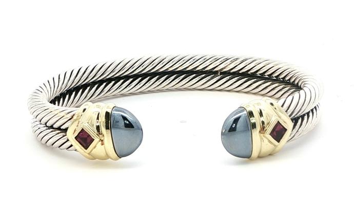 content/products/Estate Piece: David Yurman Two Tone Hematite and Garnet Cuff Bracelet in Sterling Silver and Yellow Gold