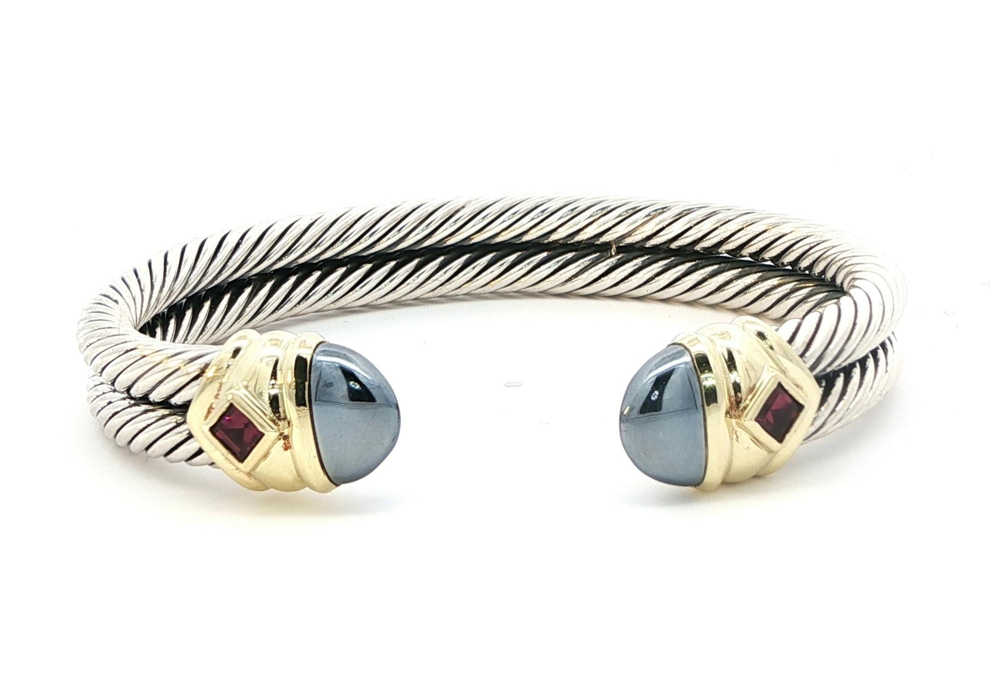 Estate Piece: David Yurman Two Tone Hematite and Garnet Cuff Bracelet in Sterling Silver and Yellow Gold