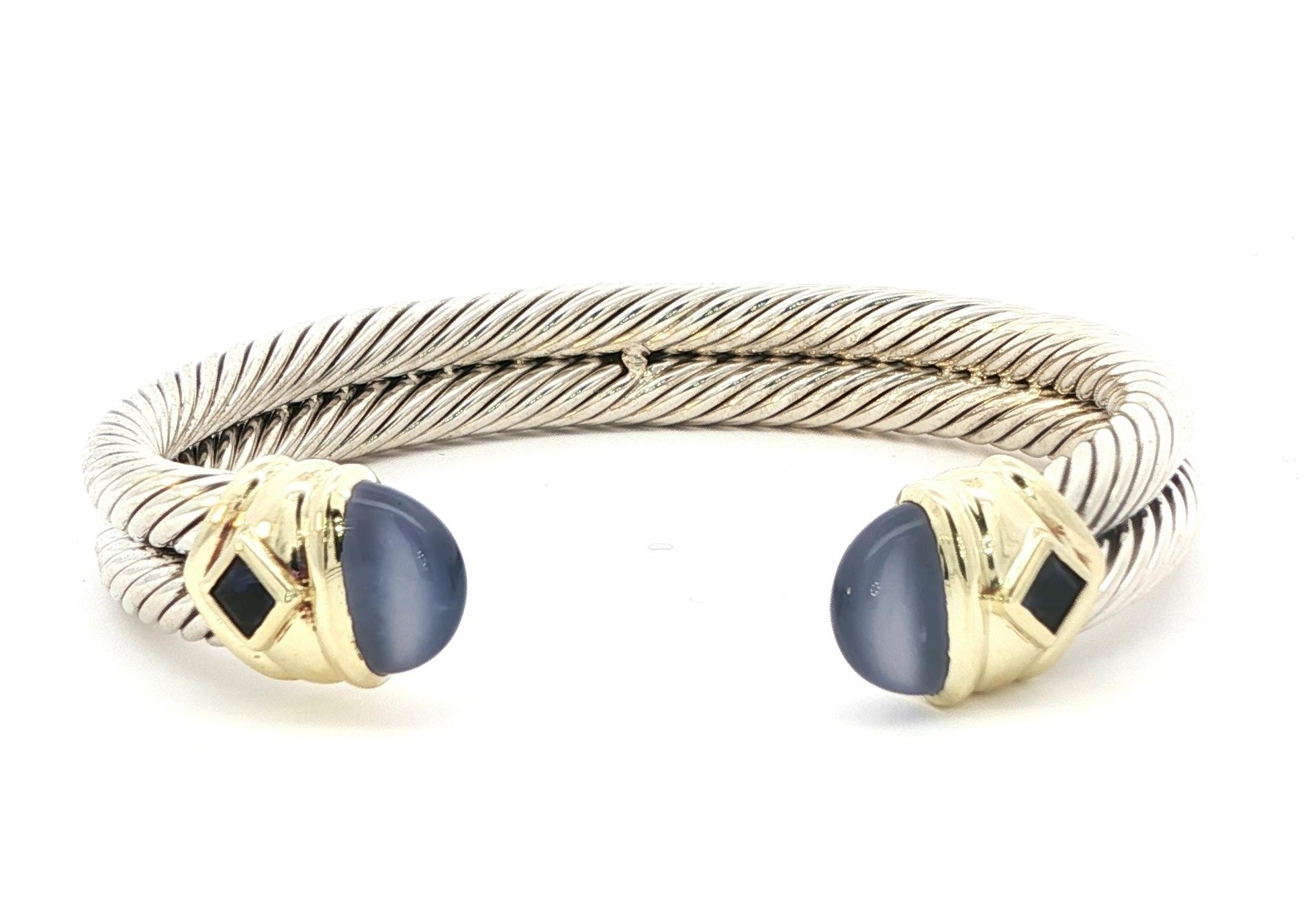 Estate Piece: David Yurman Two Tone Chalcedony and Amethyst Cuff Bracelet in Sterling Silver and Yellow Gold