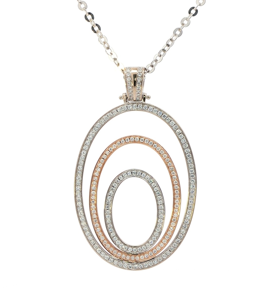 Estate Piece: Two Tone 3 Oval Diamond Pave Necklace in White and Rose Gold (1.00cts TWT)