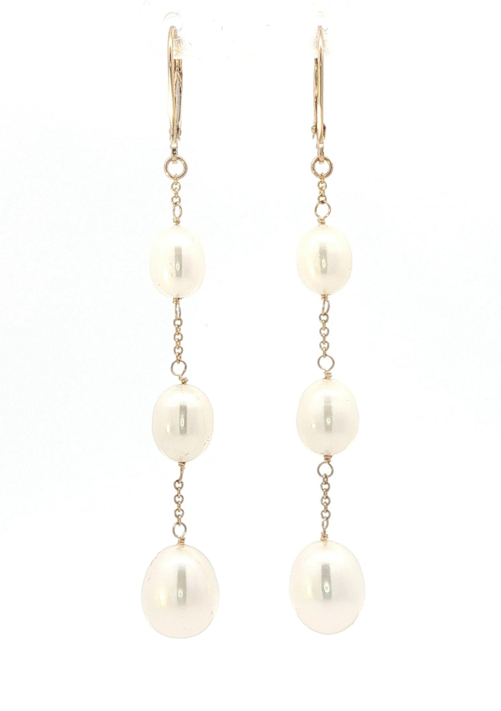 Estate Piece: Pearl 3-Stone Drop Leverback Earrings in Yellow Gold
