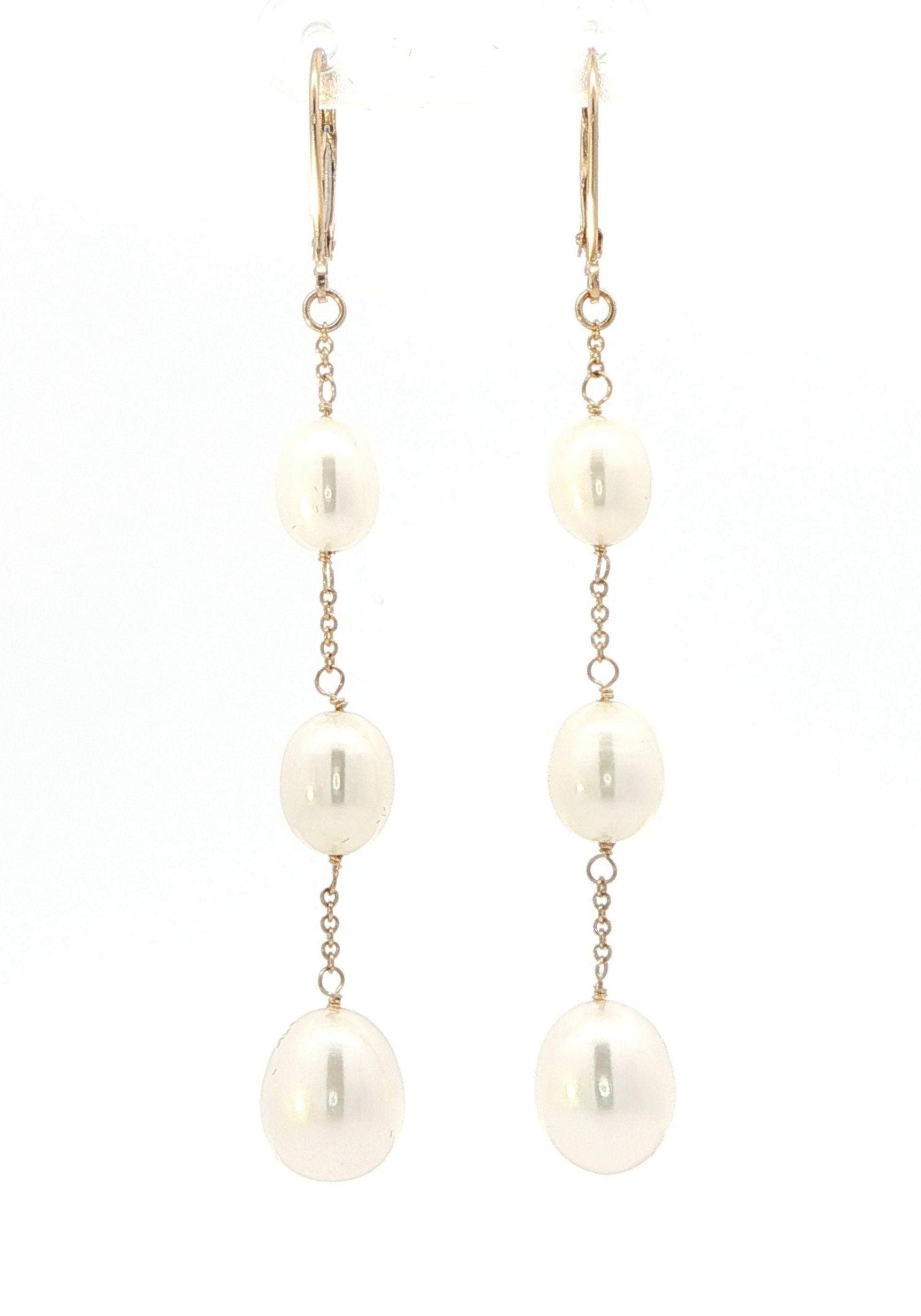 Estate Piece: Pearl 3-Stone Drop Leverback Earrings in Yellow Gold