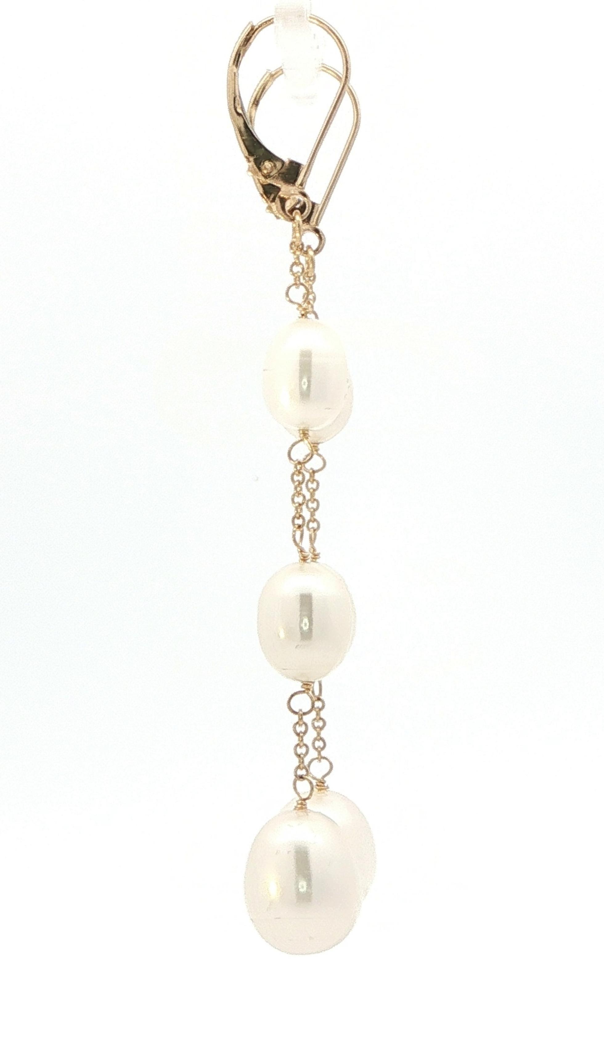 Estate Piece: Pearl 3-Stone Drop Leverback Earrings in Yellow Gold side