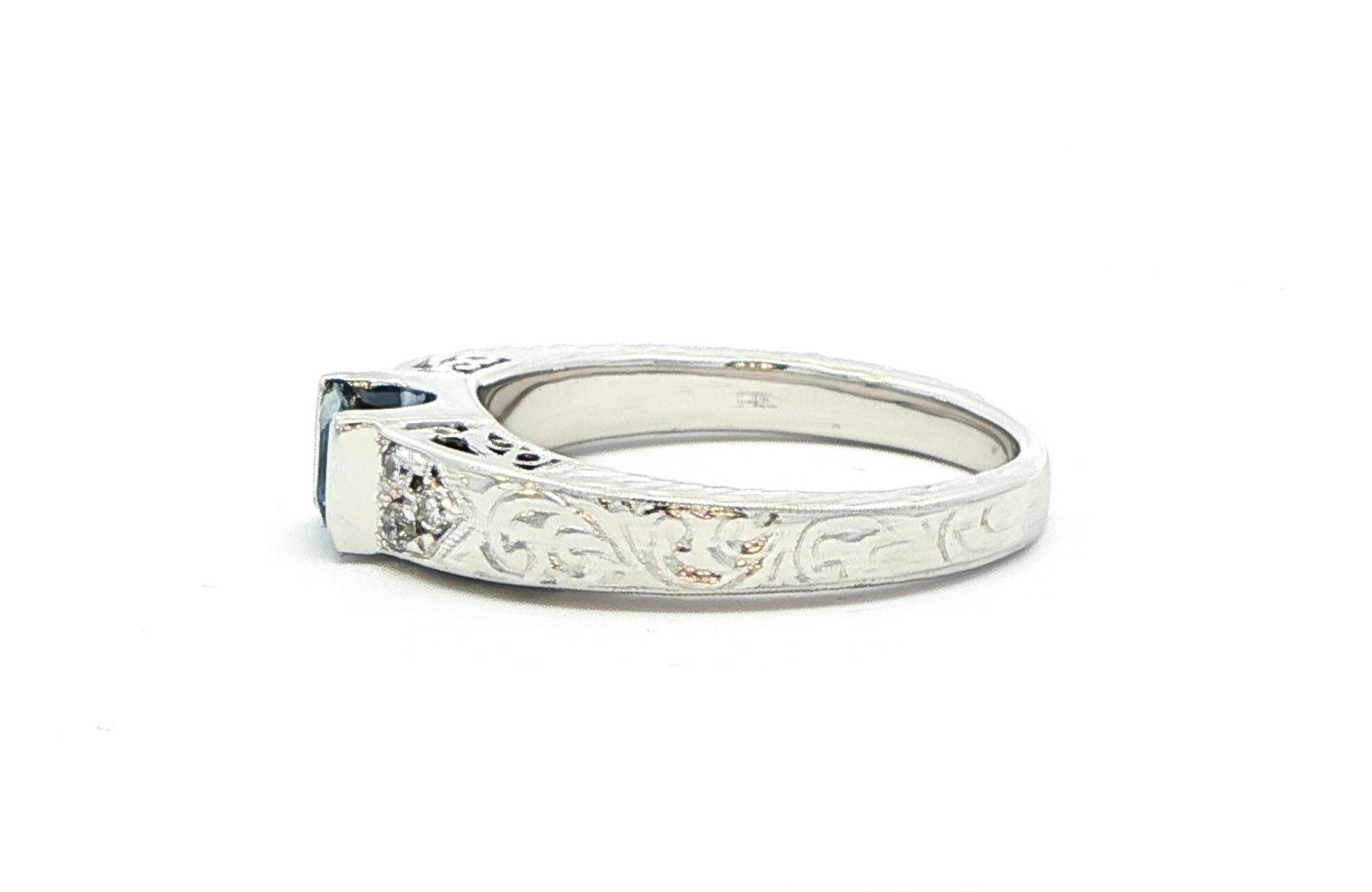 Estate Piece: Engraved Bar-Set Montana Yogo Sapphire and Diamond Cluster Ring in White Gold (0.64cts TWT) side