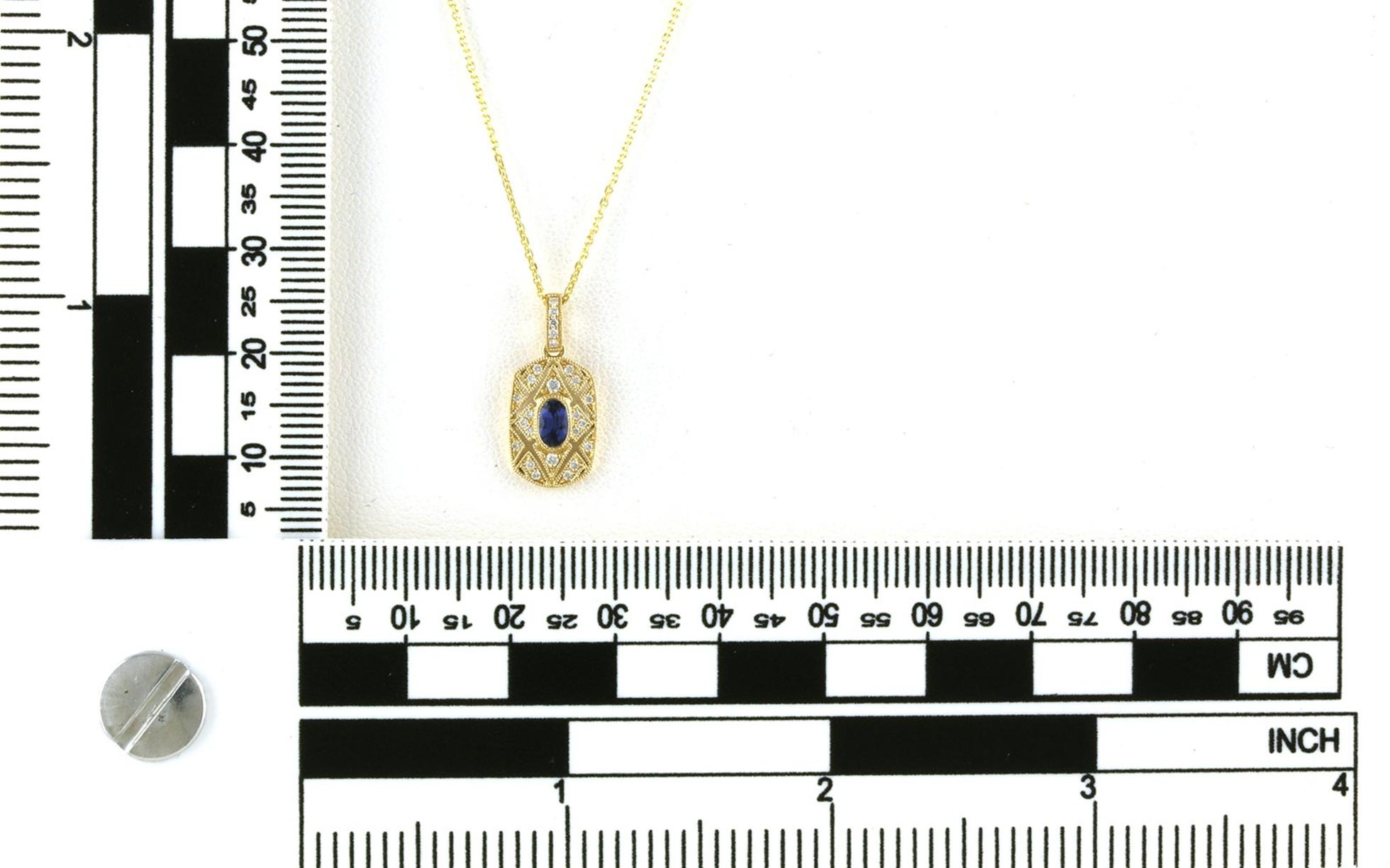 Montana Yogo Sapphire and Diamond Vintage Style Halo Necklace with Yellow Gold (0.45cts TWT) scale
