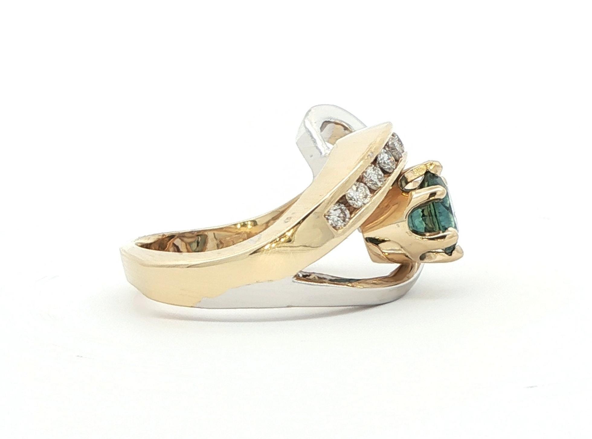 Two Tone Crossover 6-Prong Montana Sapphire with Channel-Set Diamond Ring in White and Yellow Gold (1.67cts TWT) side