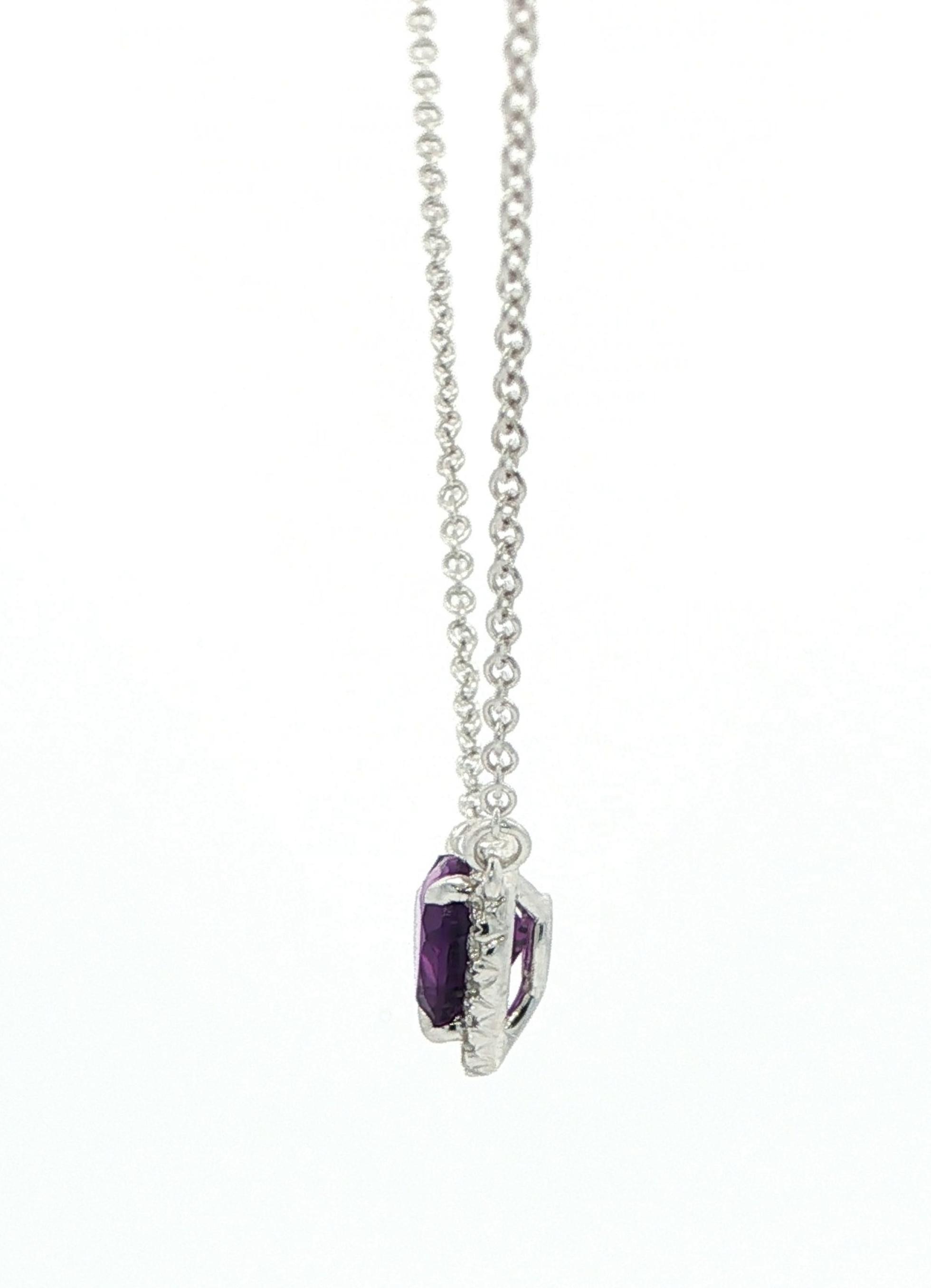 Estate Piece: Split Chain Amethyst Heart and Diamond Halo Necklace in White Gold (0.93cts TWT) side