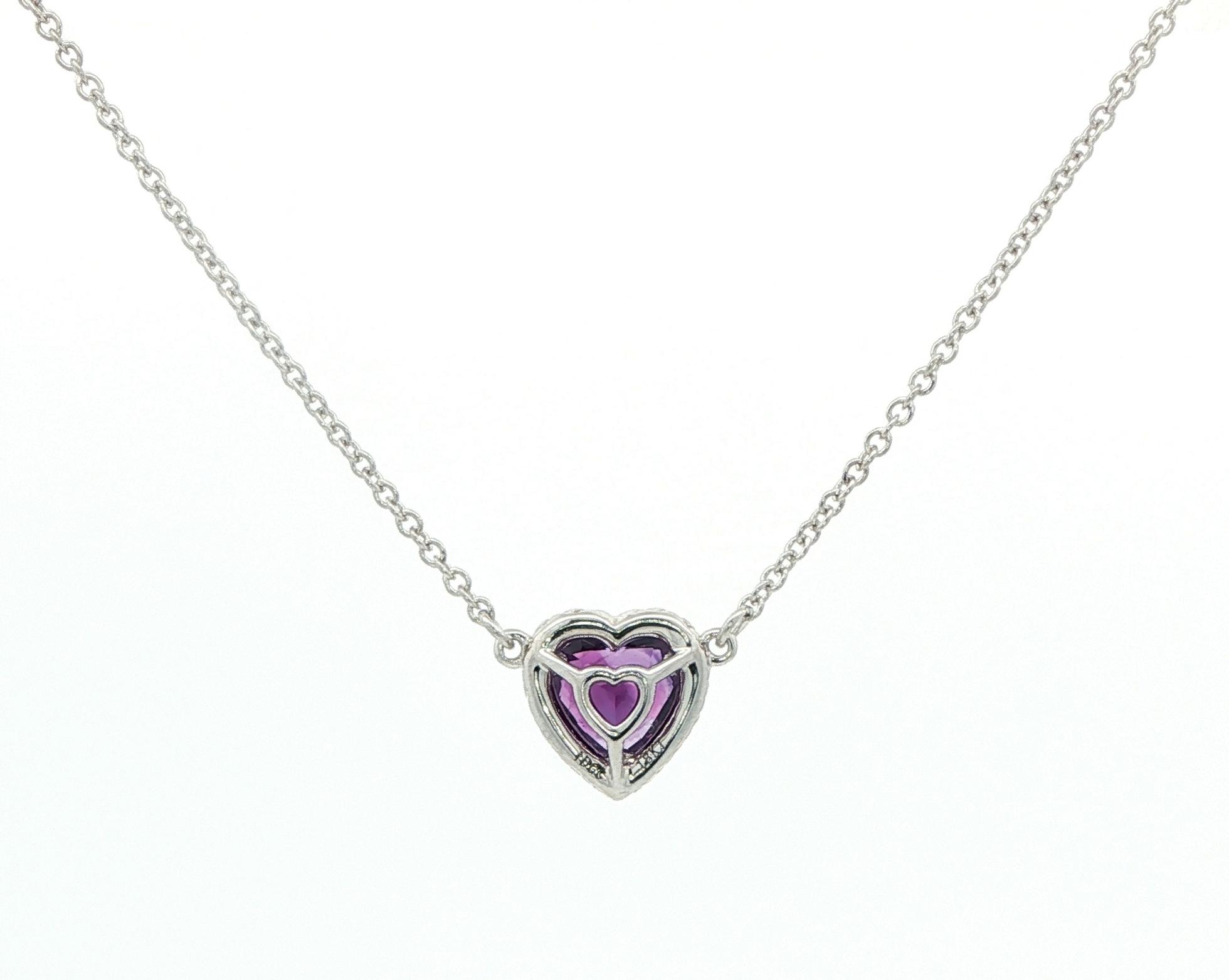 Estate Piece: Split Chain Amethyst Heart and Diamond Halo Necklace in White Gold (0.93cts TWT) back